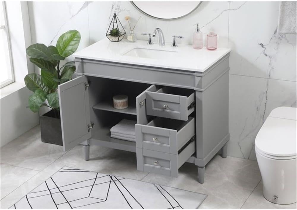 Pemberly Row 42' Aluminum MDF Bathroom Vanity, Gray Finish, Quartz Countertop in Ivory White, Rectangular Sink, Soft Close Hinges and Glides, 2-Door Cabinet, Modern Transitional Style for Bathroom Use