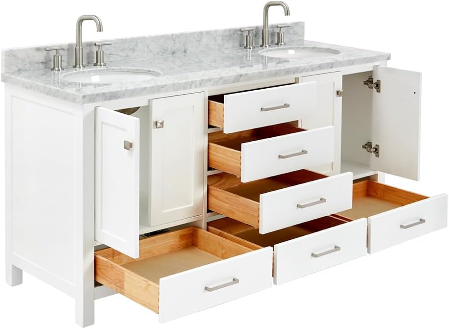 ARIEL Cambridge 66-inch Bathroom Vanity with Sink,Solid Wood, 1.5-inch Italian Carrara Marble Countertop & Backsplash, Double Oval Porcelain Sink, 4 Soft Closing Doors, 6 Dovetail Drawers, White