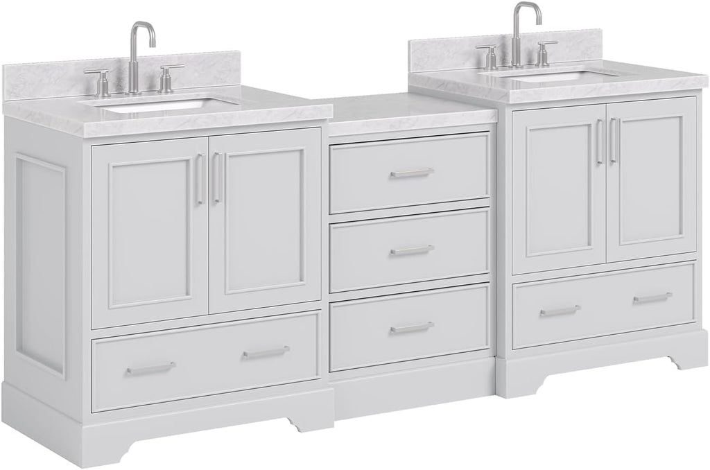 ARIEL Stafford 84-inch Bathroom Vanity with Sink,Solid Wood, 1.5in Italian Carrara Marble Countertop & Backsplash, Double Rectangular Porcelain Sink, 4 Soft Closing Doors, 5 Dovetail Drawers, Grey
