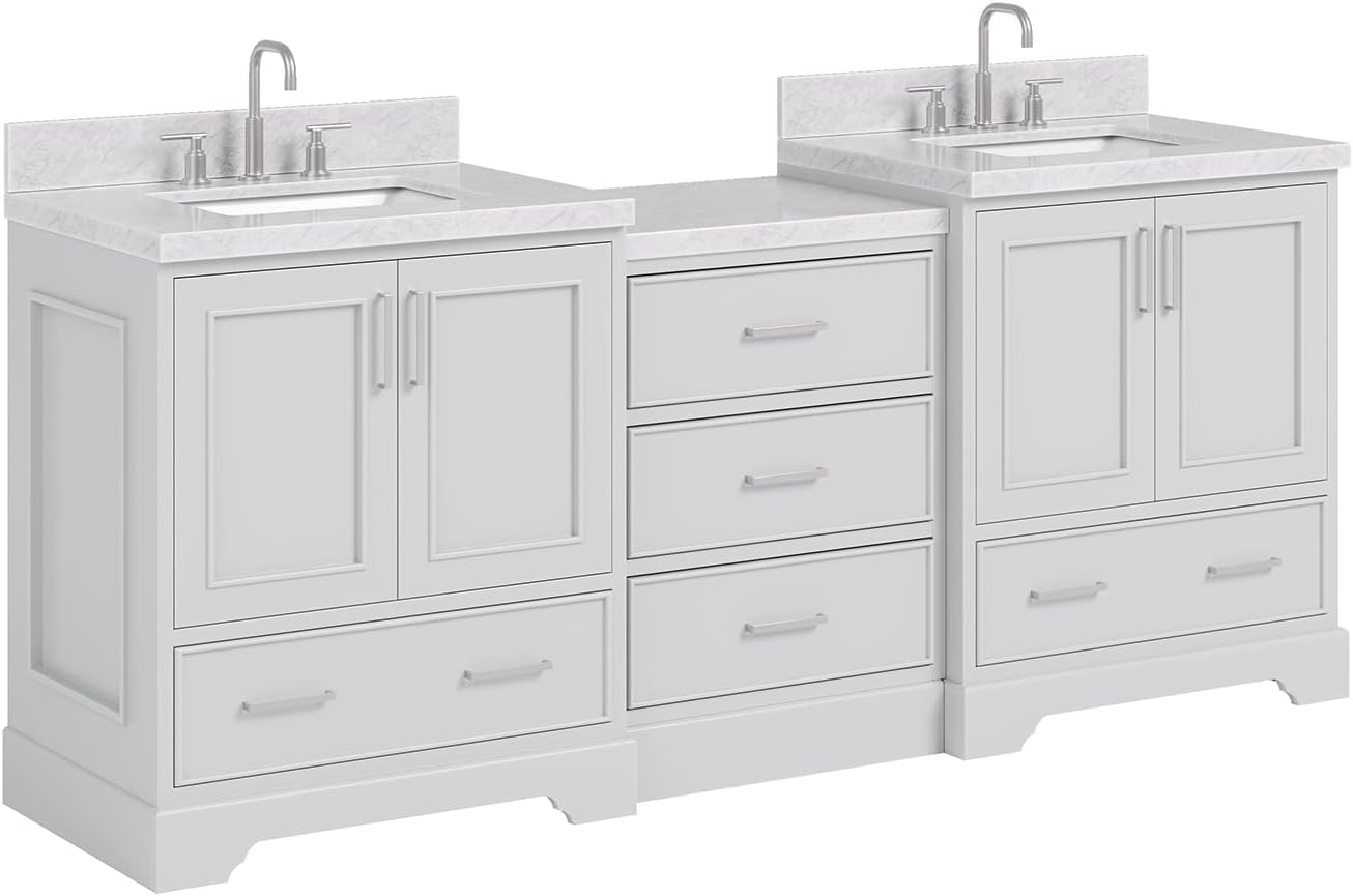 ARIEL Stafford 84-inch Bathroom Vanity with Sink,Solid Wood, 1.5in Italian Carrara Marble Countertop & Backsplash, Double Rectangular Porcelain Sink, 4 Soft Closing Doors, 5 Dovetail Drawers, Grey