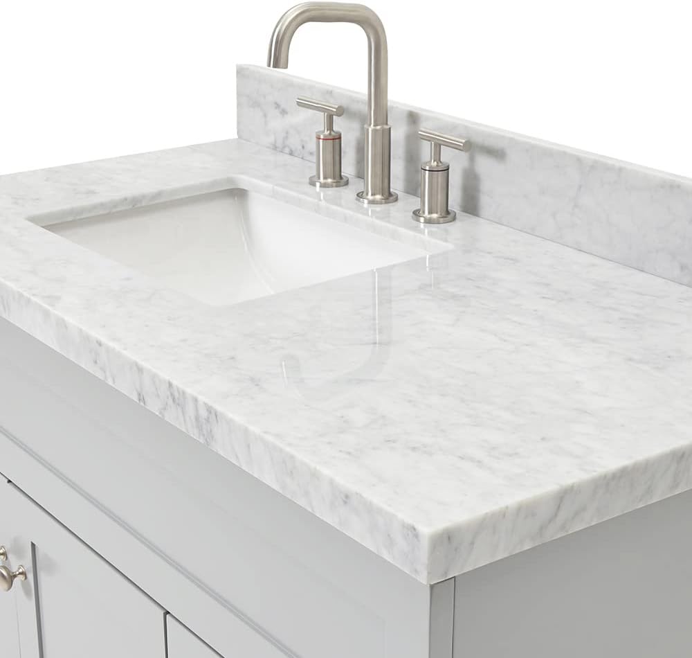 ARIEL 36-Inch Grey Bathroom Vanity with Sink, Solid Wood Base, 1.5-Inch Edge Italian Carrara Marble Top, Left Rectangular Sink, 2 Soft-Close Doors, 5 Drawers