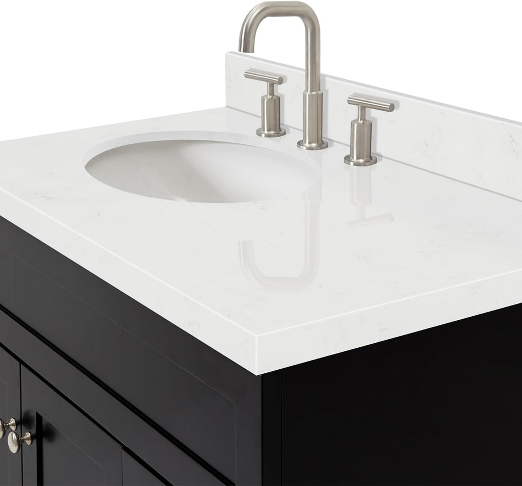 ARIEL Hamlet 36-inch Bathroom Vanity with Sink,Solid Wood, 1.5-inch Carrara White Quartz Countertop & Backsplash, Single Oval Porcelain Sink, 2 Soft Closing Doors, 2 Dovetail Drawers, Black