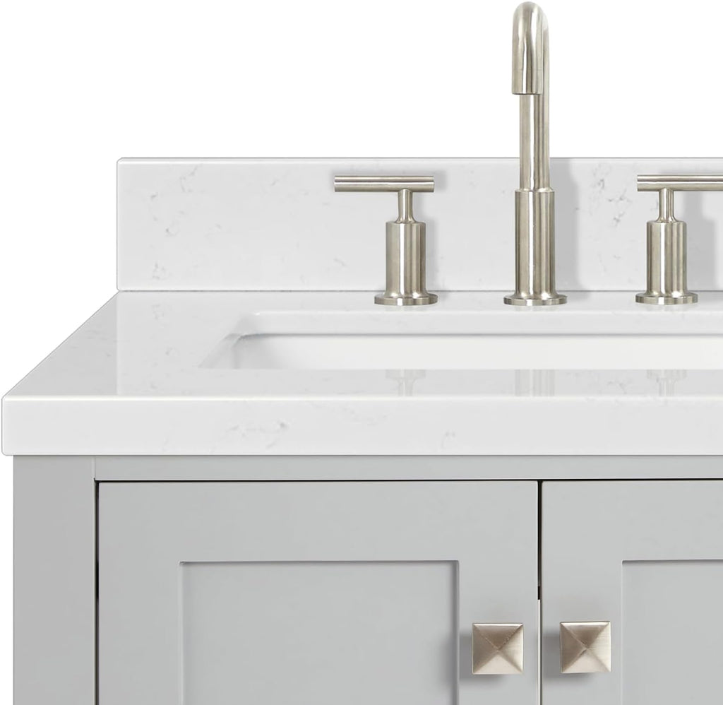 ARIEL Cambridge 36-inch Bathroom Vanity with Sink,Solid Wood, 1.5-inch Carrara White Quartz Countertop, Single Rectangular Porcelain Sink, 2 Soft Closing Doors, 5 Dovetail Drawers, Grey