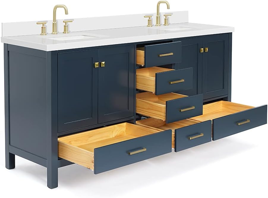 DKB Beckford 72 Inch Bathroom Vanity Double Sink — Midnight Blue Bathroom Vanity with Sink, 1.5' Edge Pure White Quartz Countertop & Backsplash, 4 Soft-Close Doors, 6 Dovetail Drawers