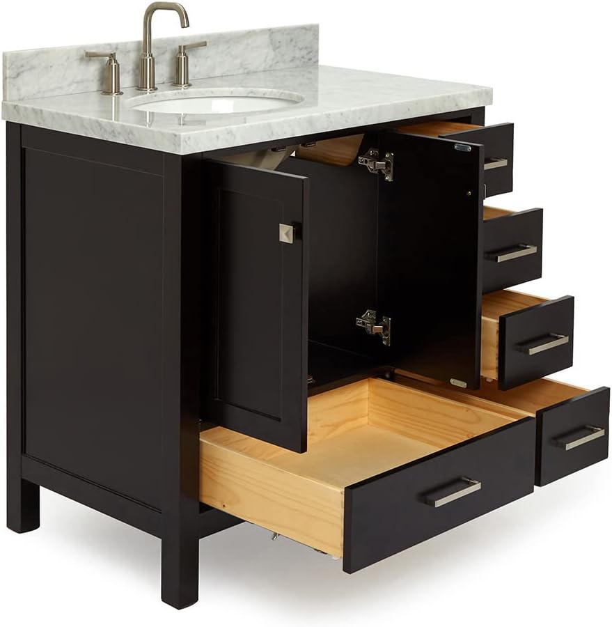 DKB Beckford 36-Inch Espresso Bathroom Vanity with Sink, 1.5-Inch Carrara Marble Countertop & Backsplash, Left Oval Undermount Sink, 2 Soft Closing Doors, 5 Dovetail Drawers, Solid Wood Frame