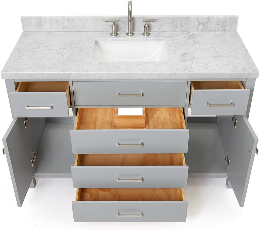 ARIEL 60-Inch White Bathroom Vanity with Sink, 1.5-Inch Italian Carrara Marble Countertop & Backsplash, Rectangular Ceramic Sink, 2 Soft Closing Doors, 5 Dovetail Drawers, Polished Chrome