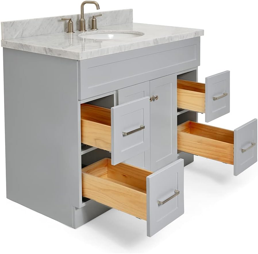 ARIEL Hamlet 42-inch Bathroom Vanity with Sink,Solid Wood, 1.5-inch Italian Carrara Marble Countertop & Backsplash, Single Oval Porcelain Sink, 2 Soft Closing Doors, 4 Dovetail Drawers, Grey