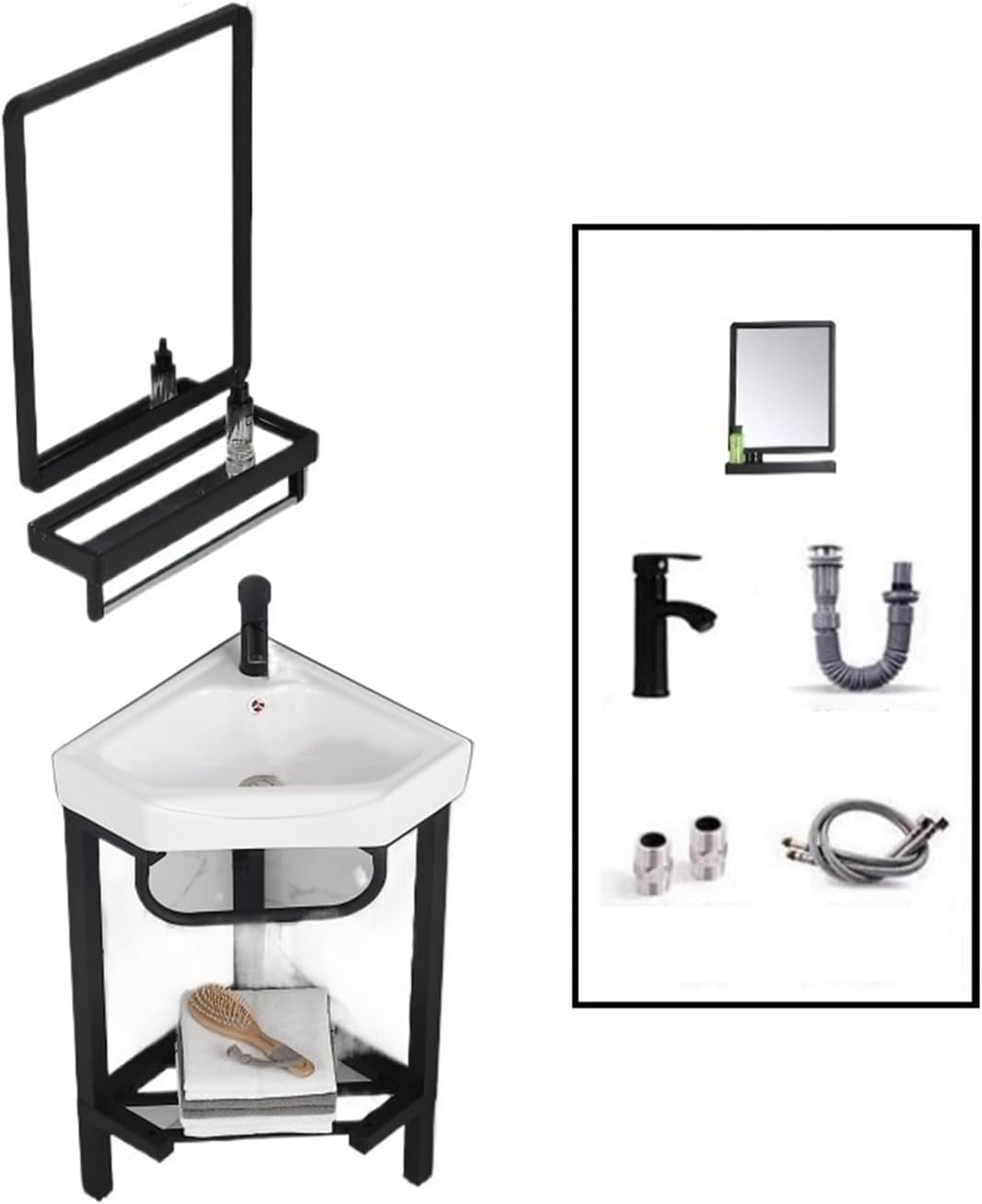 Bathroom Pedestal Sink, Corner Bathroom Vanity Sink with Stainless Steel Storage Stand, Triangular Ceramic Basin Top Console Sink Freestanding Sink with Faucet & Drain an(C 42CM)