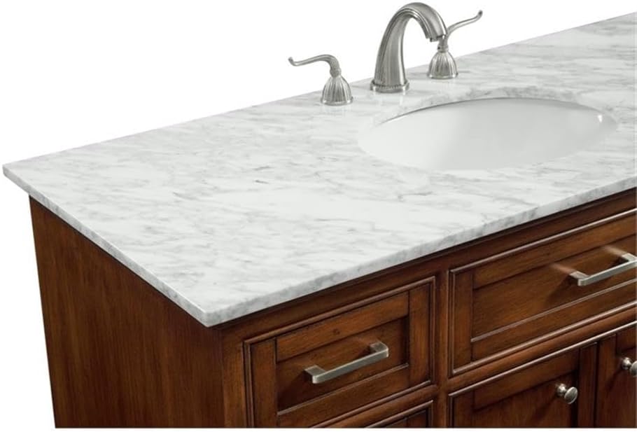 Pemberly Row Contemporary 48' Wood Single Bathroom Vanity, Brown Teak Finish, Italian Carrara Marble Top, Oval Porcelain Undermount Sink, Free-Standing Design, 8 Drawers, 2 Doors, Bathroom Essential
