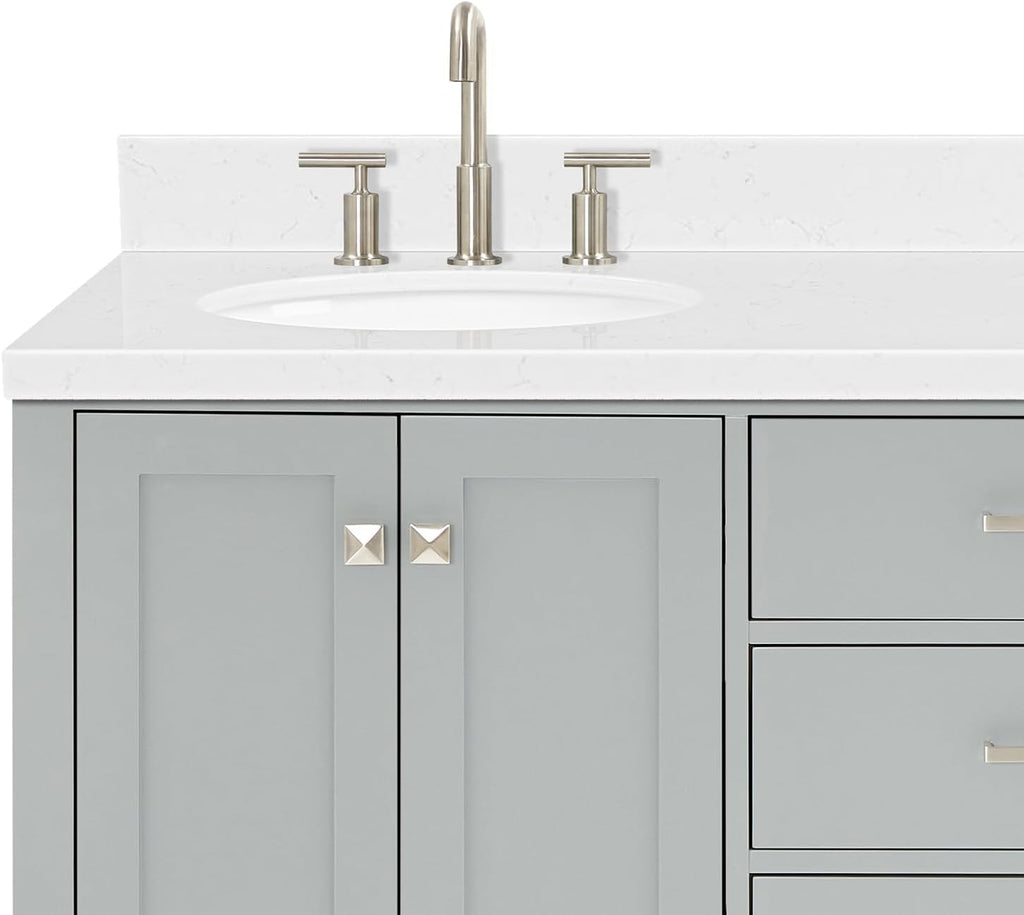 ARIEL Cambridge 66-inch Bathroom Vanity with Sink,Solid Wood, 1.5-inch Carrara White Quartz Countertop & Backsplash, Double Oval Porcelain Sink, 4 Soft Closing Doors, 6 Dovetail Drawers, Grey