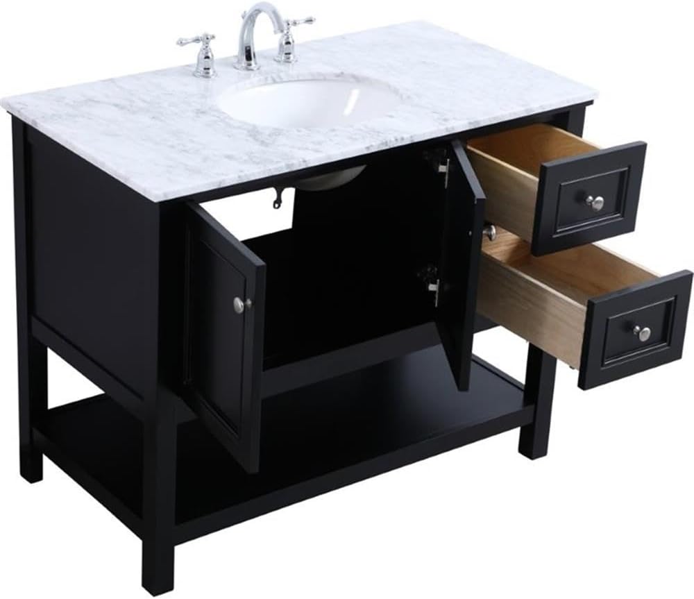 Pemberly Row Contemporary 42' Single Bathroom Vanity, Black Finish, Solid Poplar Wood Base, Carrara White Marble Top, Porcelain Undermount Sink, Soft-Close Drawers, Freestanding Design for Bathroom