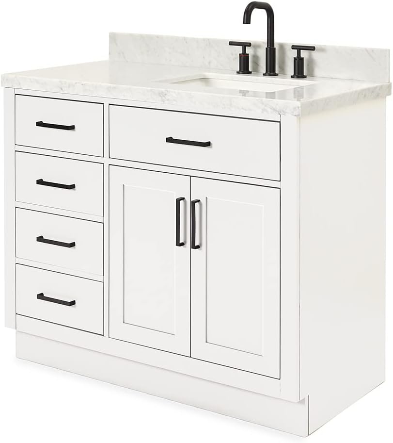 ARIEL 54' White Single Bathroom Vanity with Sink, 1.5' Italian Carrara Marble Countertop, Rectangular Undermount Sink, 2 Soft Closing Doors, 8 Dovetail Drawers, 1 Tilt Drawer
