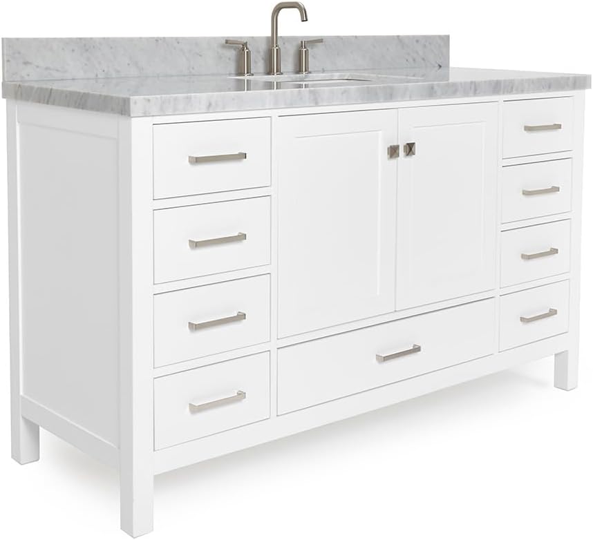 ARIEL Cambridge 60-inch Bathroom Vanity with Sink,Solid Wood, 1.5-inch Italian Carrara Marble Countertop, Single Rectangular Porcelain Sink, 2 Soft Closing Doors, 9 Dovetail Drawers, White