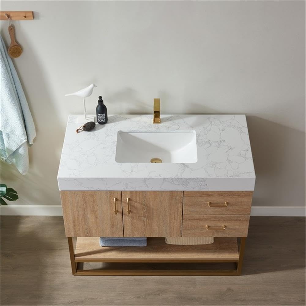 Pemberly Row 42' White Grain Stone Top Bathroom Vanity, Oak Finish, Solid Wood Construction, Ceramic Sink with Overflow, Brushed Gold Hardware, Soft-Closing Doors and Drawers, Contemporary Style