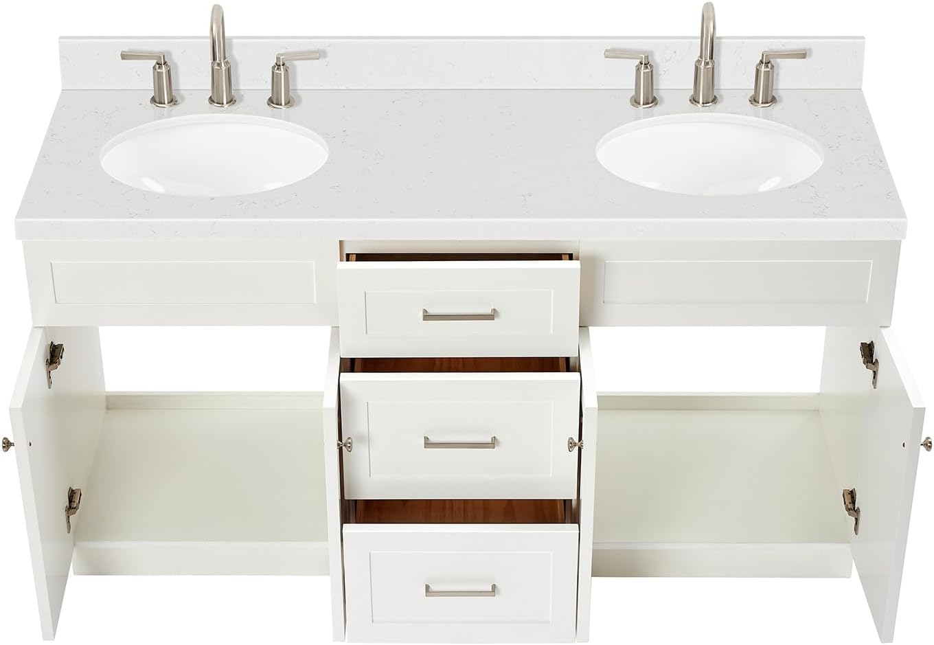 ARIEL Hamlet 66-inch Bathroom Vanity with Sink,Solid Wood, 1.5-inch Carrara White Quartz Countertop & Backsplash, Double Oval Porcelain Sink, 4 Soft Closing Doors, 3 Dovetail Drawers, White