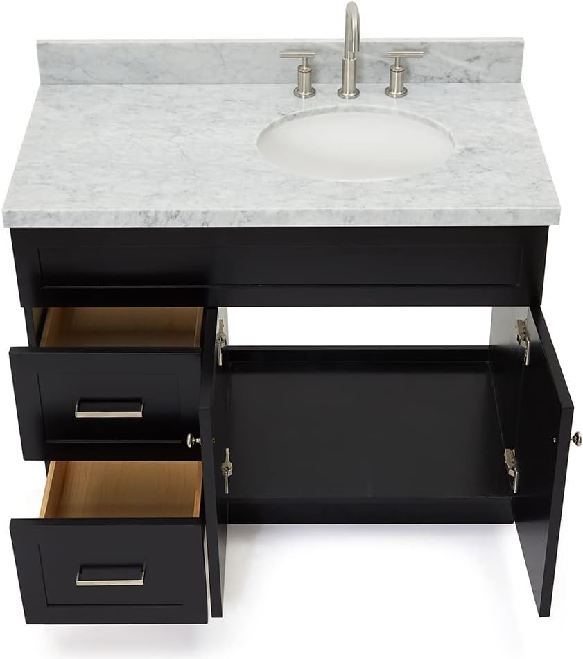 DKB Bradford 42' Black Bathroom Vanity with Sink, 1.5' Italian Carrara Marble Countertop, Solid Wood Frame, Oval Undermount Sink, Soft Closing Doors & Drawers