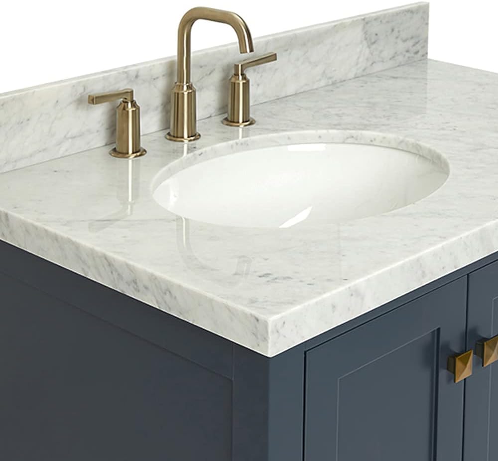 DKB Beckford 36' Midnight Blue Bathroom Vanity with Sink, Carrara White Marble Countertop, Oval Undermount Sink, Offset, 2 Soft Closing Doors, 5 Dovetail Drawers