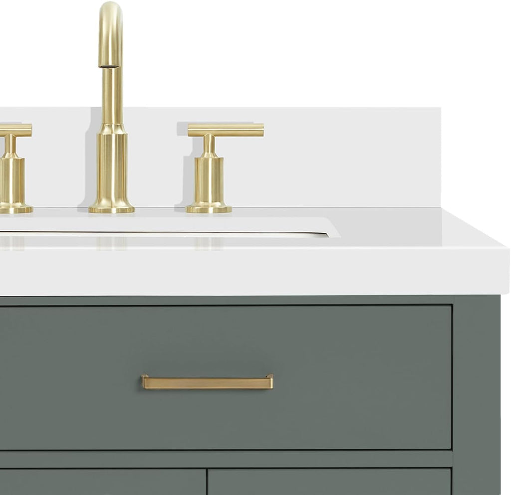 ARIEL Hepburn 36-inch Bathroom Vanity with Sink,Solid Wood, 1.5-inch Carrara White Quartz Countertop, Single Rectangular Porcelain Sink, 2 Soft Closing Doors, 5 Dovetail Drawers, Vintage Green
