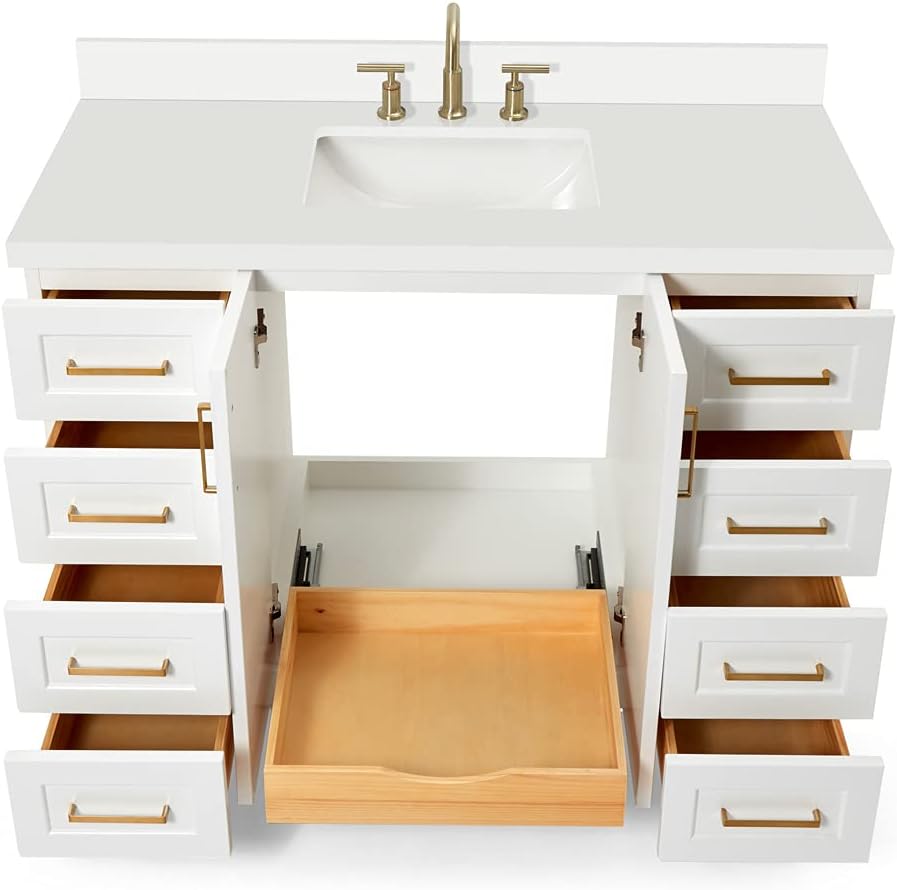 ARIEL Taylor 48-inch Bathroom Vanity with Sink,Solid Wood, 1.5-inch Pure White Quartz Countertop & Backsplash, Single Rectangular Porcelain Sink, 2 Soft Closing Doors, 9 Dovetail Drawers, White