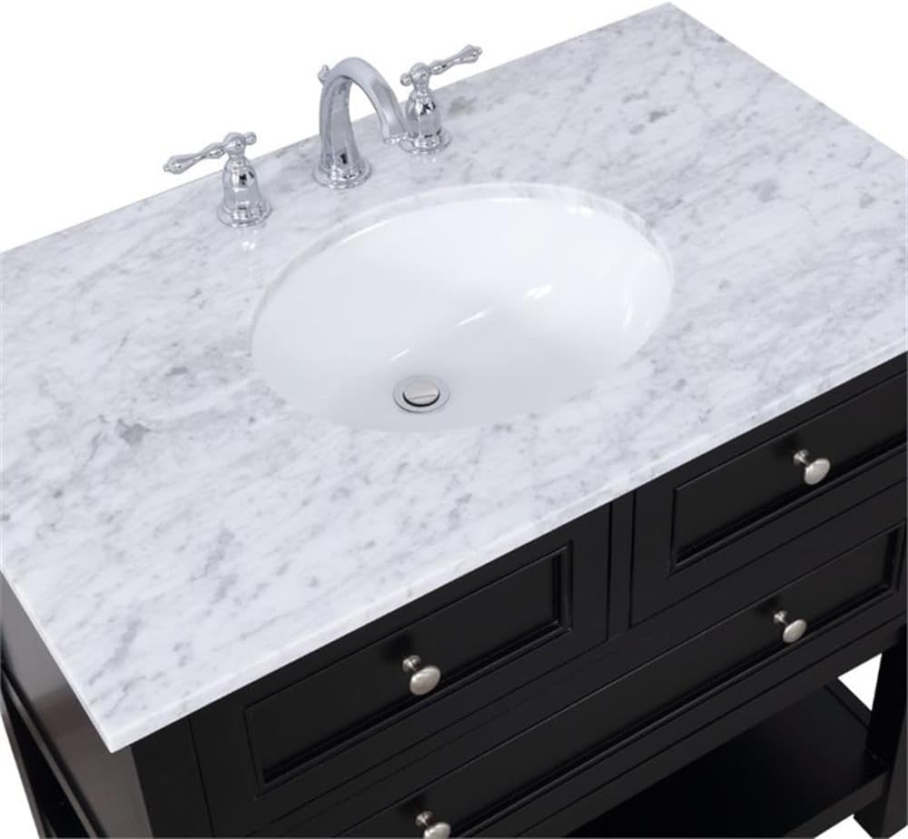 Pemberly Row Contemporary 36' Bathroom Vanity, Solid Poplar Wood Base, Carrara White Marble Top, Hand-Painted Black Finish, Porcelain Undermount Sink, Soft-Close Drawer, Storage Shelf, Free-Standing