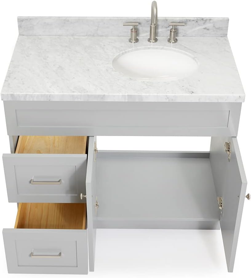 DKB Bradford 42' Grey Bathroom Vanity with Sink, 1.5' Edge Italian Carrara Marble Countertop, Oval Sink, 2 Soft Closing Doors, 2 Full Extension Dovetail Drawers, Brushed Nickel