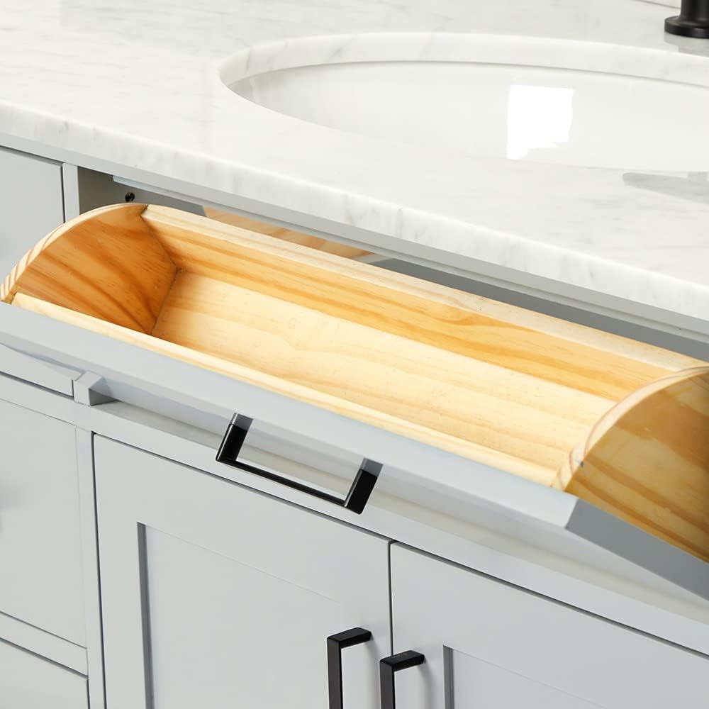 ARIEL Hepburn 60-inch Bathroom Vanity with Sink,Solid Wood, 0.75-inch Italian Carrara Marble Countertop, Single Rectangular Porcelain Sink, 2 Soft Closing Doors, 9 Dovetail Drawers, Grey