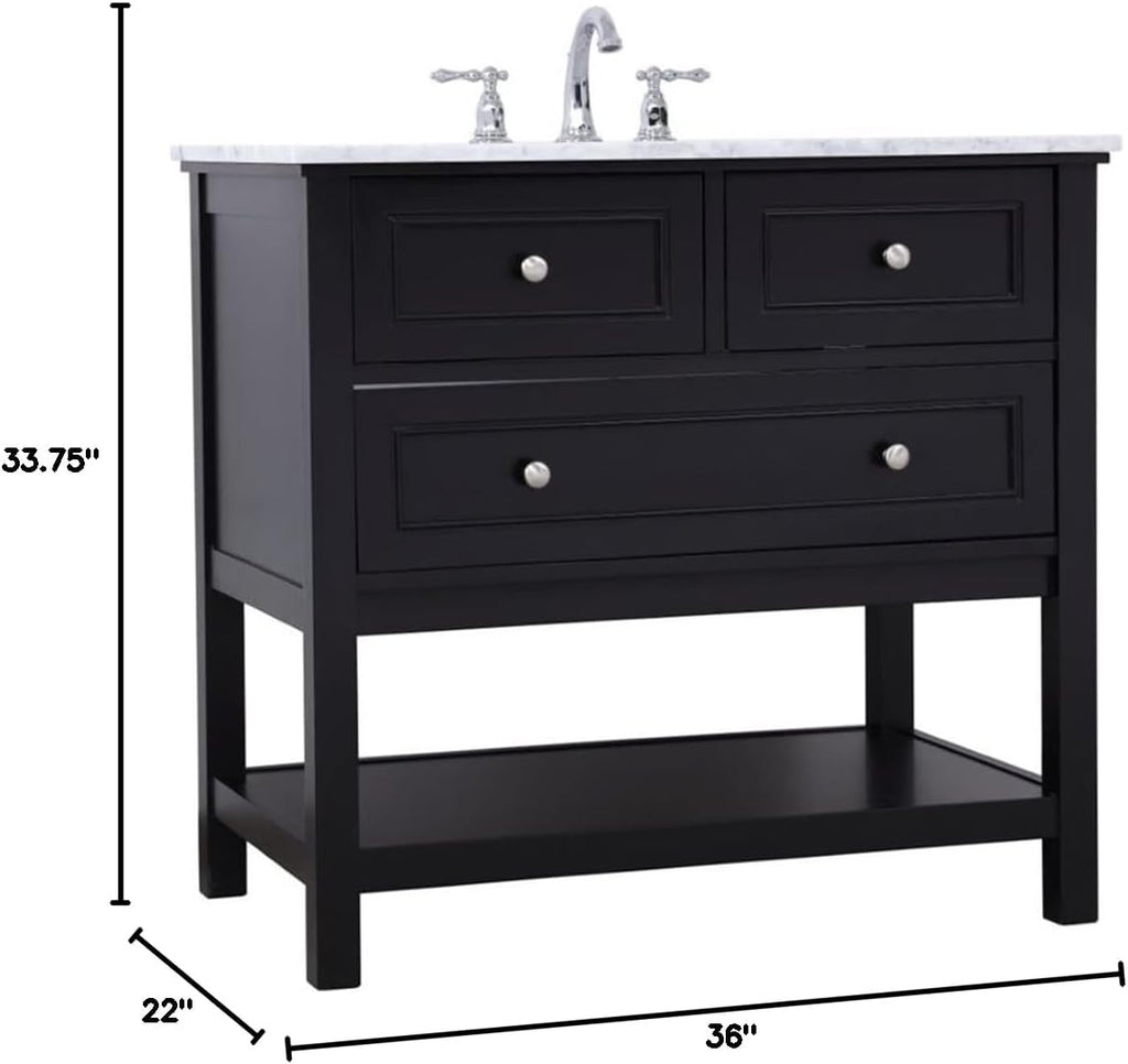 Pemberly Row Contemporary 36' Bathroom Vanity, Solid Poplar Wood Base, Carrara White Marble Top, Hand-Painted Black Finish, Porcelain Undermount Sink, Soft-Close Drawer, Storage Shelf, Free-Standing