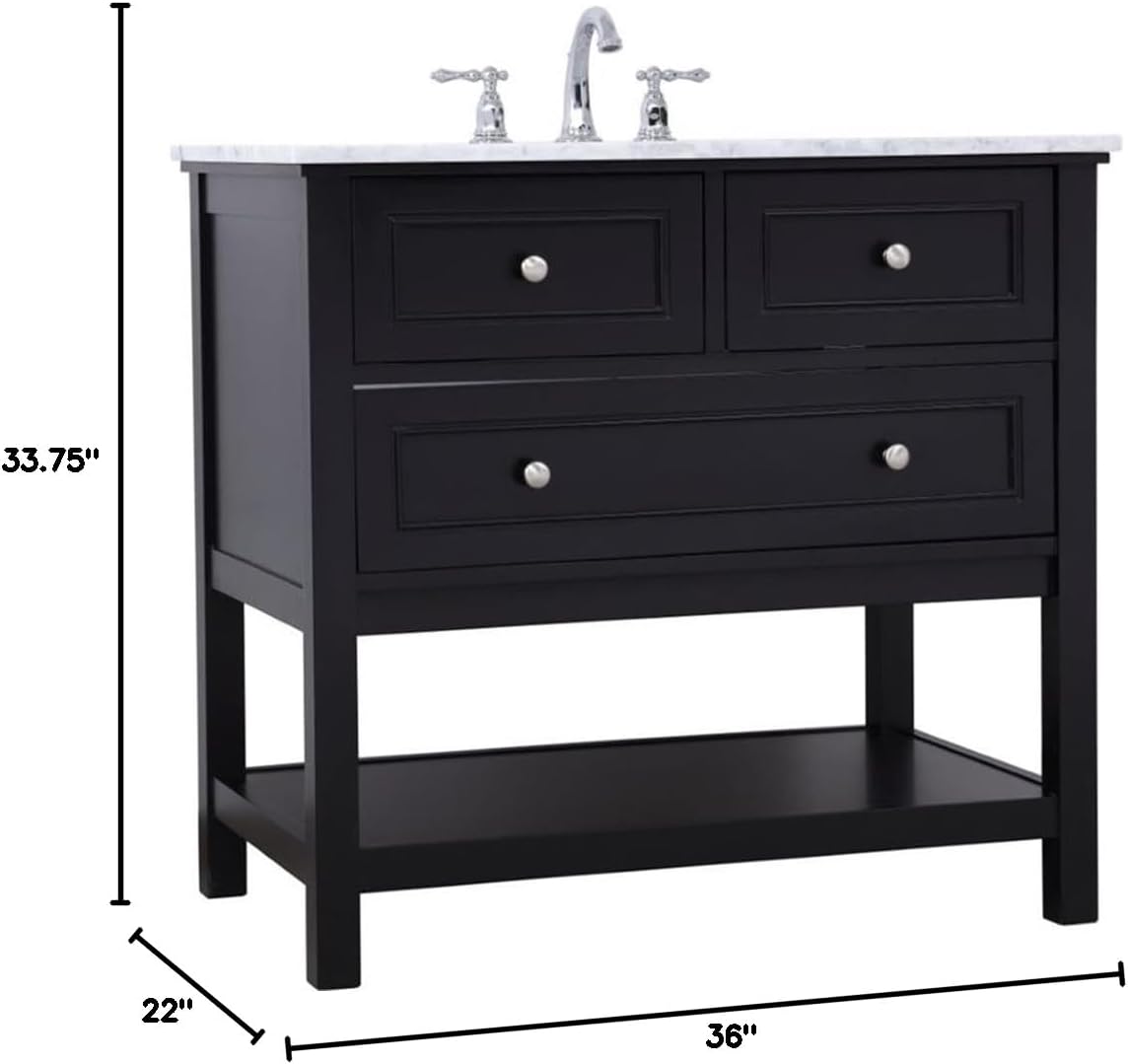 Pemberly Row Contemporary 36' Bathroom Vanity, Solid Poplar Wood Base, Carrara White Marble Top, Hand-Painted Black Finish, Porcelain Undermount Sink, Soft-Close Drawer, Storage Shelf, Free-Standing