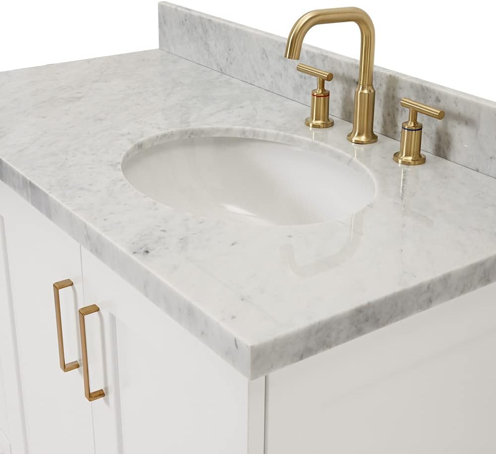 ARIEL Taylor 42-inch Bathroom Vanity with Sink,Solid Wood, 1.5-inch Italian Carrara Marble Countertop & Backsplash, Single Oval Porcelain Sink, 2 Soft Closing Doors, 5 Dovetail Drawers, White