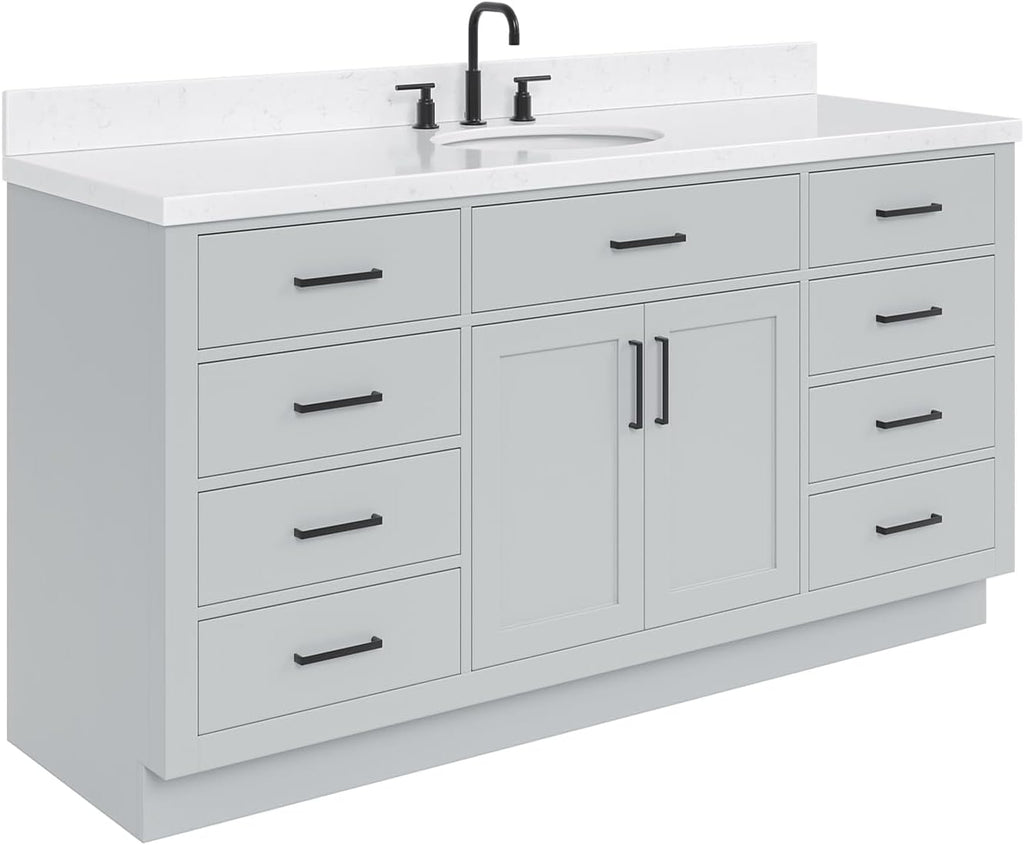 ARIEL Hepburn 66-inch Bathroom Vanity with Sink,Solid Wood, 1.5-inch Carrara White Quartz Countertop & Backsplash, Single Oval Porcelain Sink, 2 Soft Closing Doors, 9 Dovetail Drawers, Grey