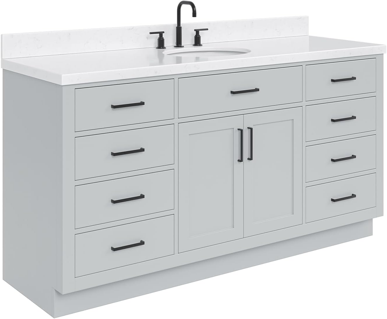 ARIEL Hepburn 66-inch Bathroom Vanity with Sink,Solid Wood, 1.5-inch Carrara White Quartz Countertop & Backsplash, Single Oval Porcelain Sink, 2 Soft Closing Doors, 9 Dovetail Drawers, Grey