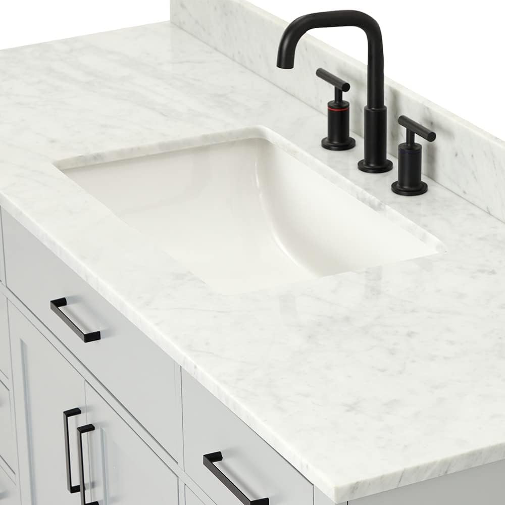 ARIEL Hepburn 60-inch Bathroom Vanity with Sink,Solid Wood, 0.75-inch Italian Carrara Marble Countertop, Single Rectangular Porcelain Sink, 2 Soft Closing Doors, 9 Dovetail Drawers, Grey
