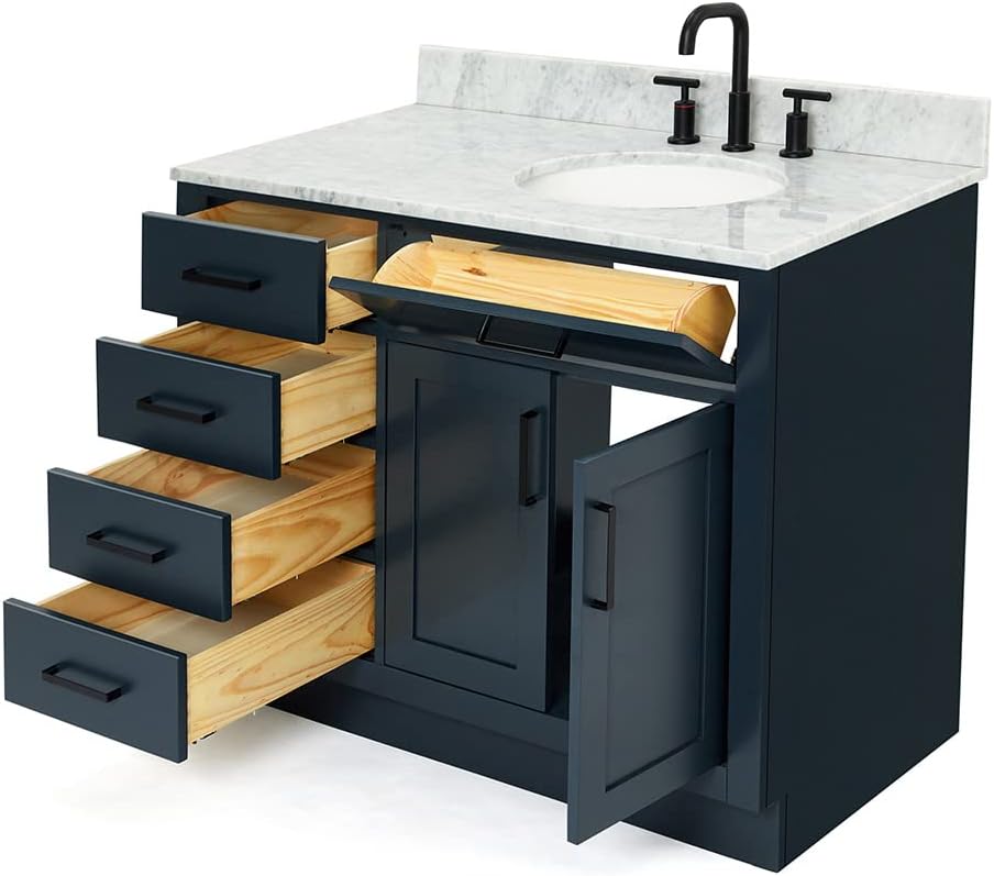 ARIEL Hepburn 43' Inch Right Offset Oval Sink Vanity with 0.75 Inch Edge Carrara White Countertop in Midnight Blue