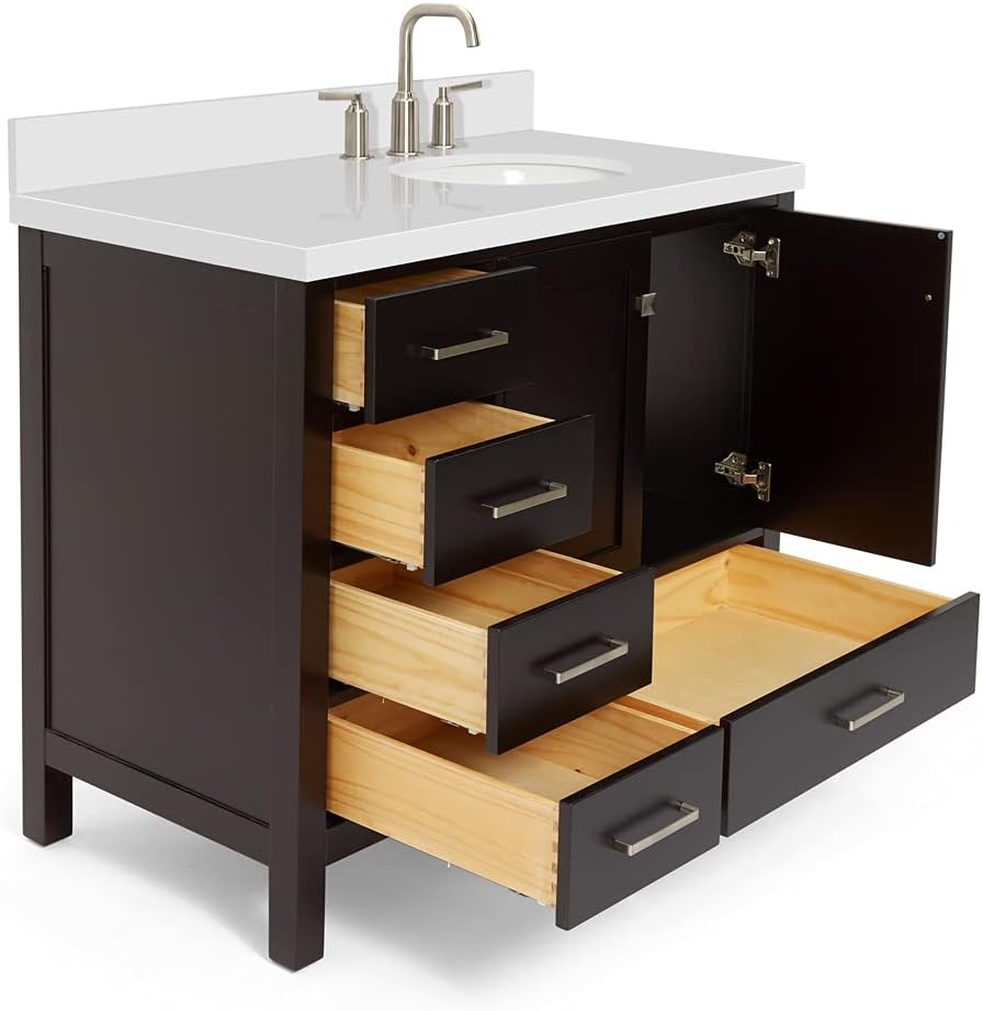 DKB Beckford 42-Inch Espresso Bathroom Vanity with Right Oval Sink, 1.5-Inch Pure White Quartz Countertop & Backsplash, 2 Soft Closing Doors, 5 Dovetail Drawers, Satin Brass Hardware