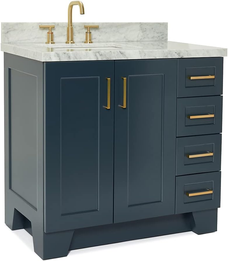 ARIEL Taylor 36-inch Bathroom Vanity with Sink,Solid Wood, 1.5-inch Italian Carrara Marble Countertop, Single Rectangular Porcelain Sink, 2 Soft Closing Doors, 5 Dovetail Drawers, Midnight Blue