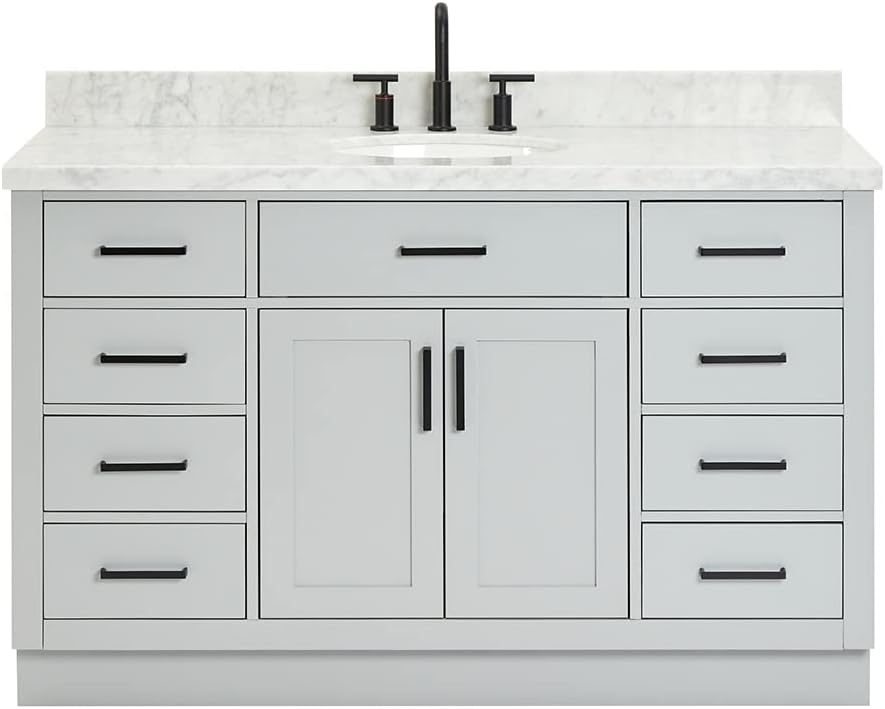 ARIEL Hepburn 54-inch Bathroom Vanity with Sink,Solid Wood, 1.5-inch Italian Carrara Marble Countertop & Backsplash, Single Oval Porcelain Sink, 2 Soft Closing Doors, 9 Dovetail Drawers, Grey