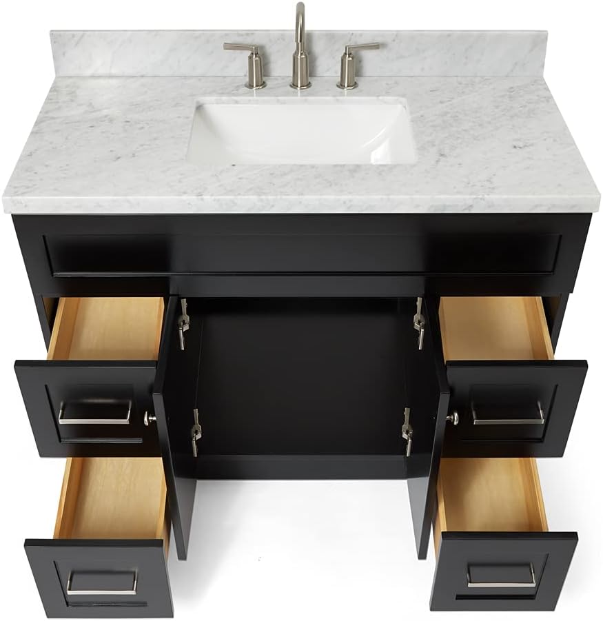ARIEL 42' White Bathroom Vanity with Sink, 1.5' Edge Italian Carrara Marble Countertop, Rectangular Sink, 2 Soft Closing Doors, 4 Dovetail Drawers, Brushed Nickel