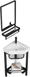 Wash Basin Sink Floor Standing Corner Bathroom Vanity Sink with Stainless Steel Storage Stand, Triangular Ceramic Basin Top Console Sink Freestanding Sink with Faucet & D(C 42CM)