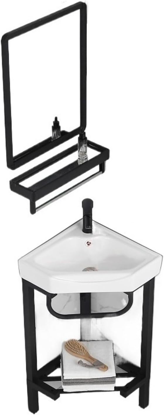 Bathroom Pedestal Sink, Corner Bathroom Vanity Sink with Stainless Steel Storage Stand, Triangular Ceramic Basin Top Console Sink Freestanding Sink with Faucet & Drain an(C 42CM)
