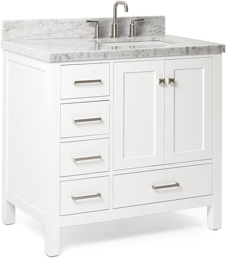ARIEL Cambridge 36-inch Bathroom Vanity with Sink,Solid Wood, 1.5-inch Italian Carrara Marble Countertop, Single Rectangular Porcelain Sink, 2 Soft Closing Doors, 5 Dovetail Drawers, White