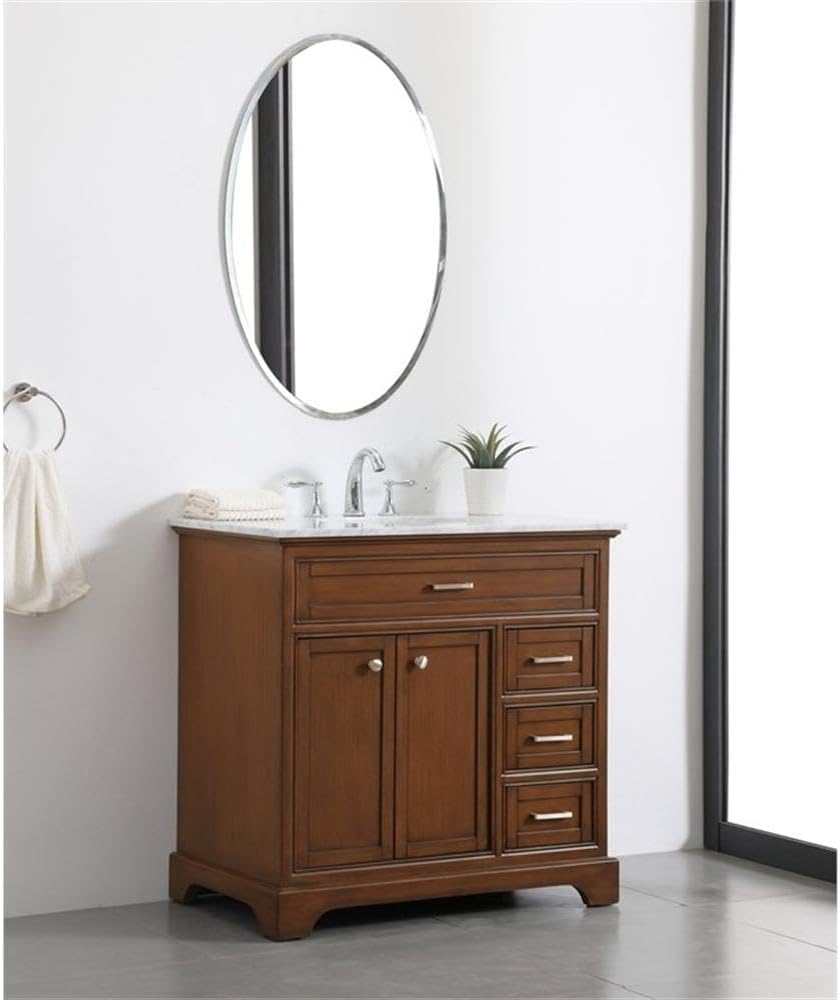 Pemberly Row Contemporary 36' Wood Bathroom Vanity, Brown Teak Finish, Italian Carrara Marble Top, Oval Porcelain Undermount Sink, 3 Drawers, 2 Doors, Freestanding Design for Home or Office Bathrooms