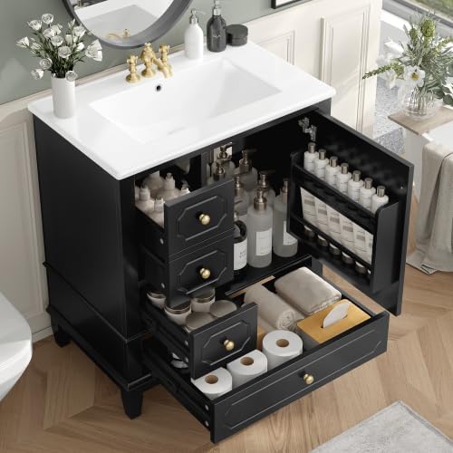 Bellemave 30' Bathroom Vanity with Ceramic Sink & 3 Drawers, Bathroom Cabinet with Storage Shelves & Solid Wood Base, Freestanding Vanity Cabinet with Soft-Close Door with Organizer (Black/30)