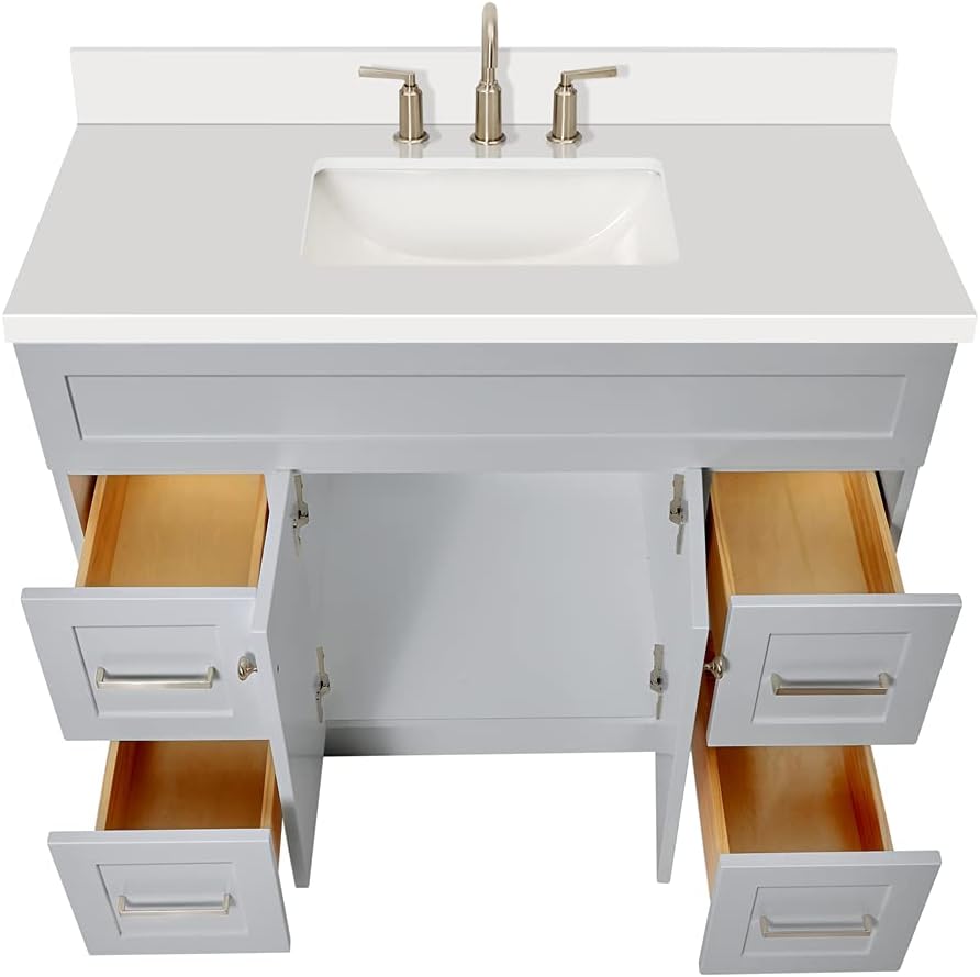 ARIEL Hamlet 42-inch Bathroom Vanity with Sink,Solid Wood, 1.5-inch Pure White Quartz Countertop & Backsplash, Single Rectangular Porcelain Sink, 2 Soft Closing Doors, 4 Dovetail Drawers, Grey