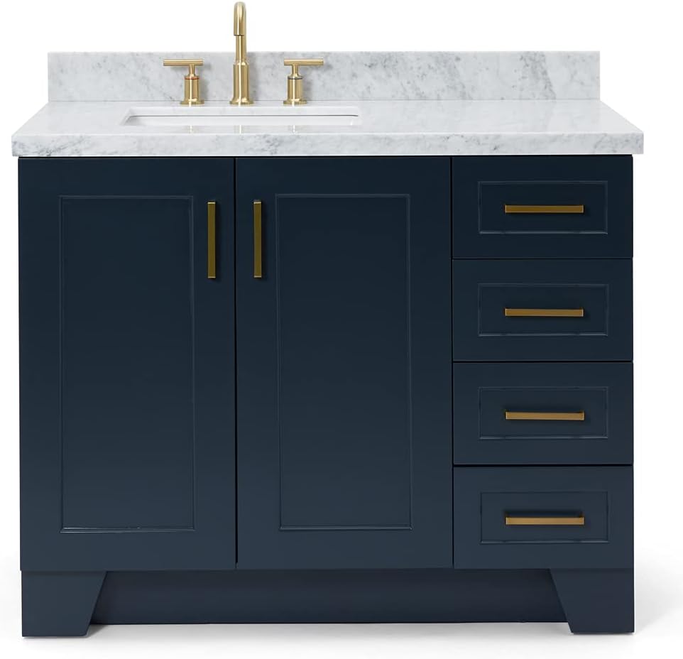 ARIEL Taylor 42-inch Bathroom Vanity with Sink,Solid Wood, 1.5-inch Italian Carrara Marble Countertop, Single Rectangular Porcelain Sink, 2 Soft Closing Doors, 5 Dovetail Drawers, Midnight Blue