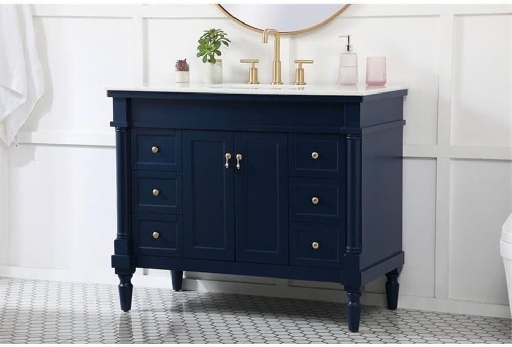 Pemberly Row Traditional 42' Solid Wood Bathroom Vanity, Blue Finish, Off White Marble Top, Porcelain Sink, 6 Soft Closing Drawers, Gold Hardware, Rectangle Design for Bathroom or Powder Room