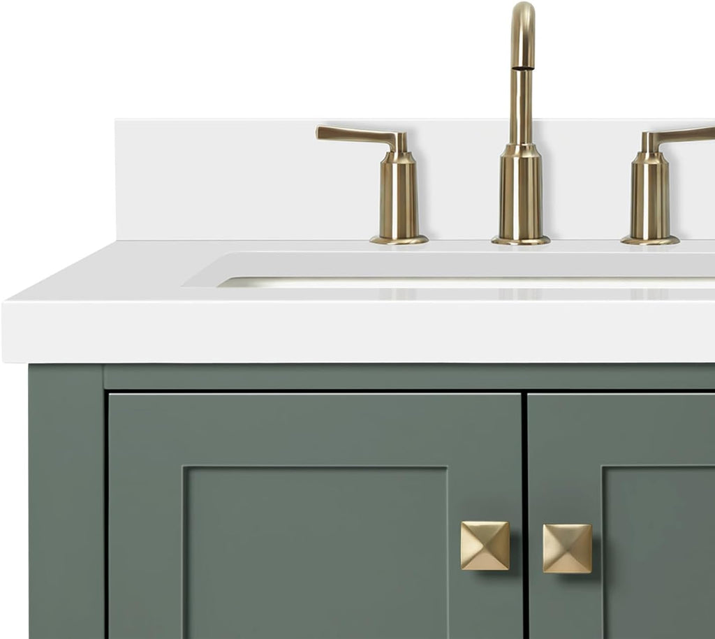 DKB Beckford 72-inch Vintage Green Bathroom Vanity with Left & Right Rectangle Double Sinks, Pure White Quartz Countertop & Backsplash, Solid Wood Frame, Soft-Closing & Dovetail Drawers