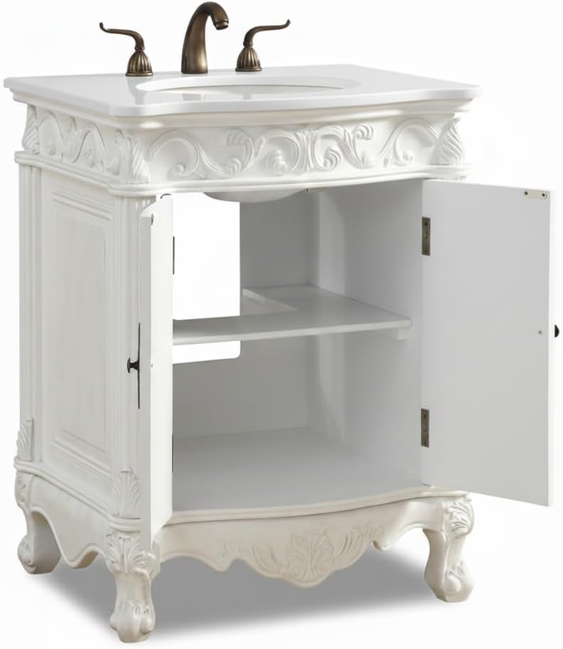 Hayman 27' Antique Style Single Sink Bathroom Vanity, Antique White Finish, Fully Assembled Cabinet with White Countertop and Undermount Ceramic Sink, 27 Inch Traditional Vanity