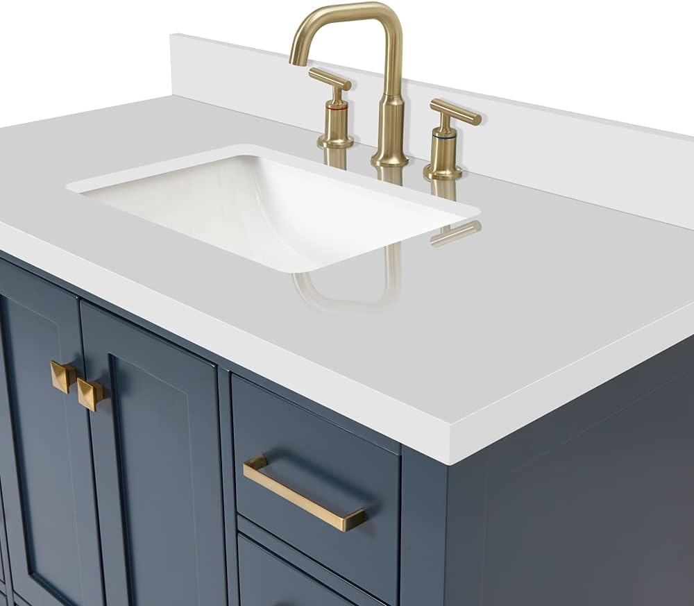 ARIEL Cambridge 42-inch Bathroom Vanity with Sink,Solid Wood, 1.5-inch Pure White Quartz Countertop, Single Rectangular Porcelain Sink, 2 Soft Closing Doors, 9 Dovetail Drawers, Midnight Blue