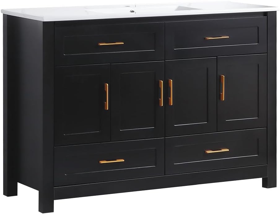 48' Bathroom Vanity with Sink, Modern Freestanding Single Sink Vanity Cabinet with Gold Handles, 2 Drawers & 4 Soft-Close Doors, Solid Wood Frame Bathroom Storage Cabinet with Ceramic Top, Black