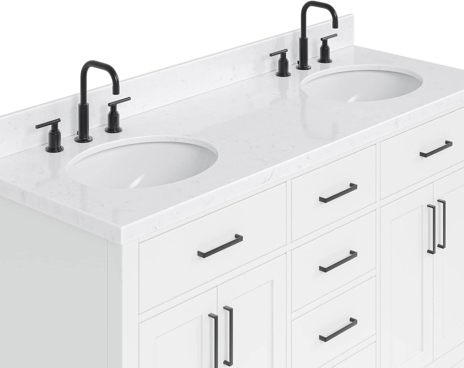 ARIEL Hepburn 60-inch Bathroom Vanity with Sink,Solid Wood, 1.5-inch Carrara White Quartz Countertop & Backsplash, Double Oval Porcelain Sink, 4 Soft Closing Doors, 6 Dovetail Drawers, White